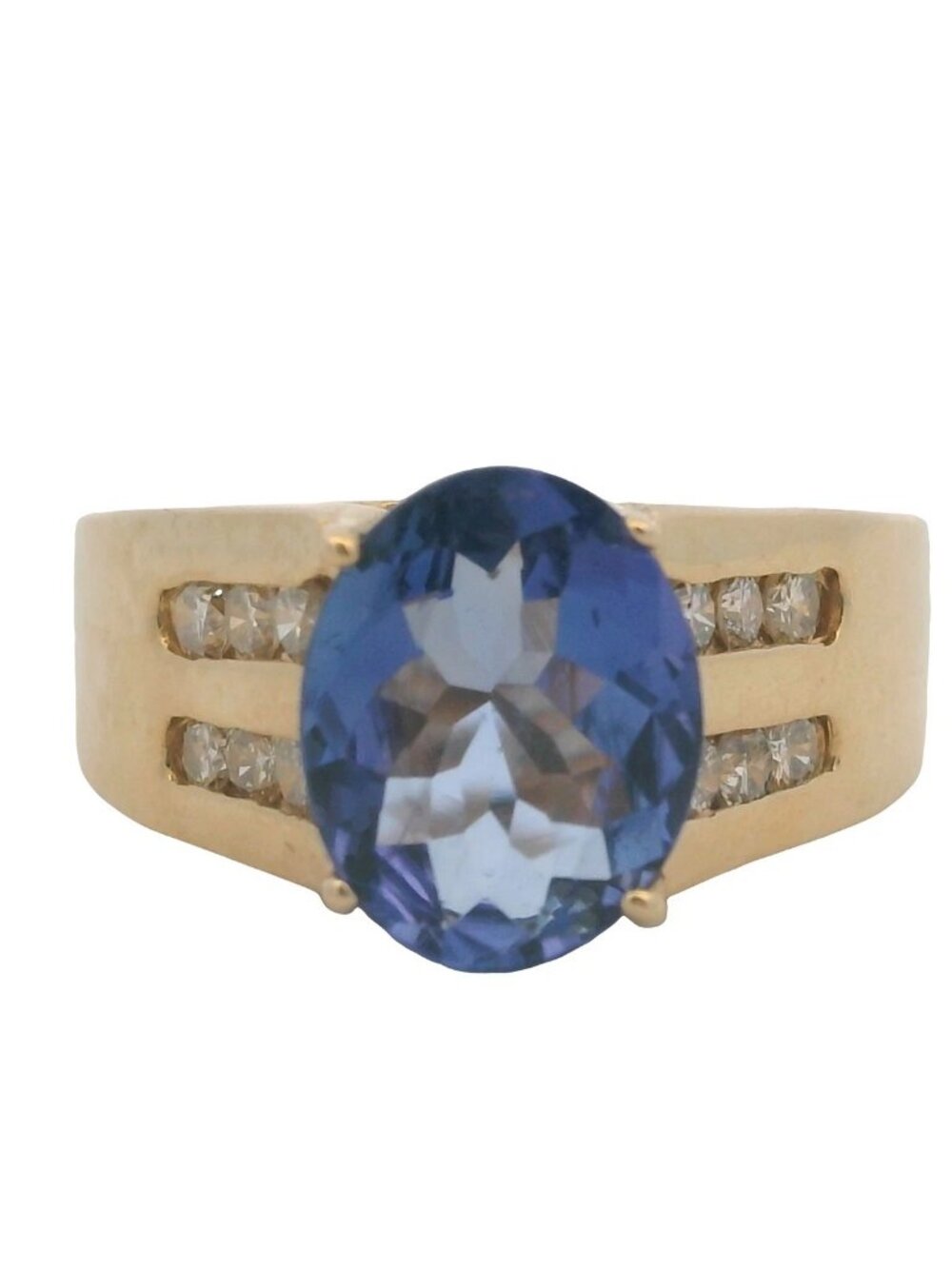 LeVian 14kt Yellow Gold Oval Tanzanite Solitaire Channel Set Diamond Ring Size 7